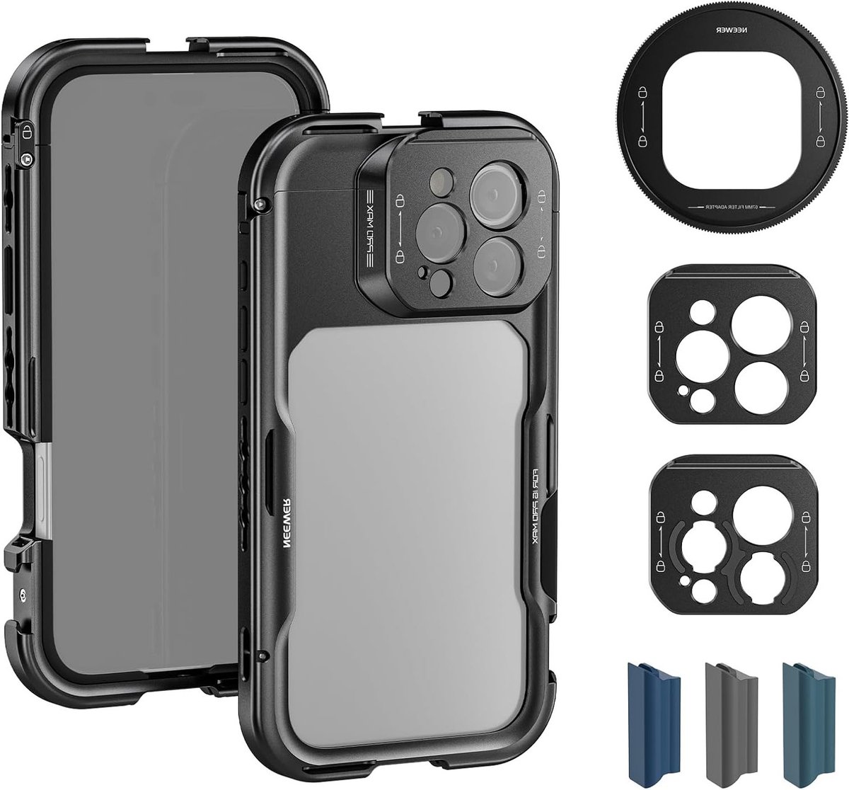 Professionele Video Rig voor iPhone 16 Pro Max, Quick Release Cage met Stabilizer, Geschikt voor 67mm Filters, 17mm Lenzen en T-Mount Lens, Volledige Toegang tot Cameracontrole