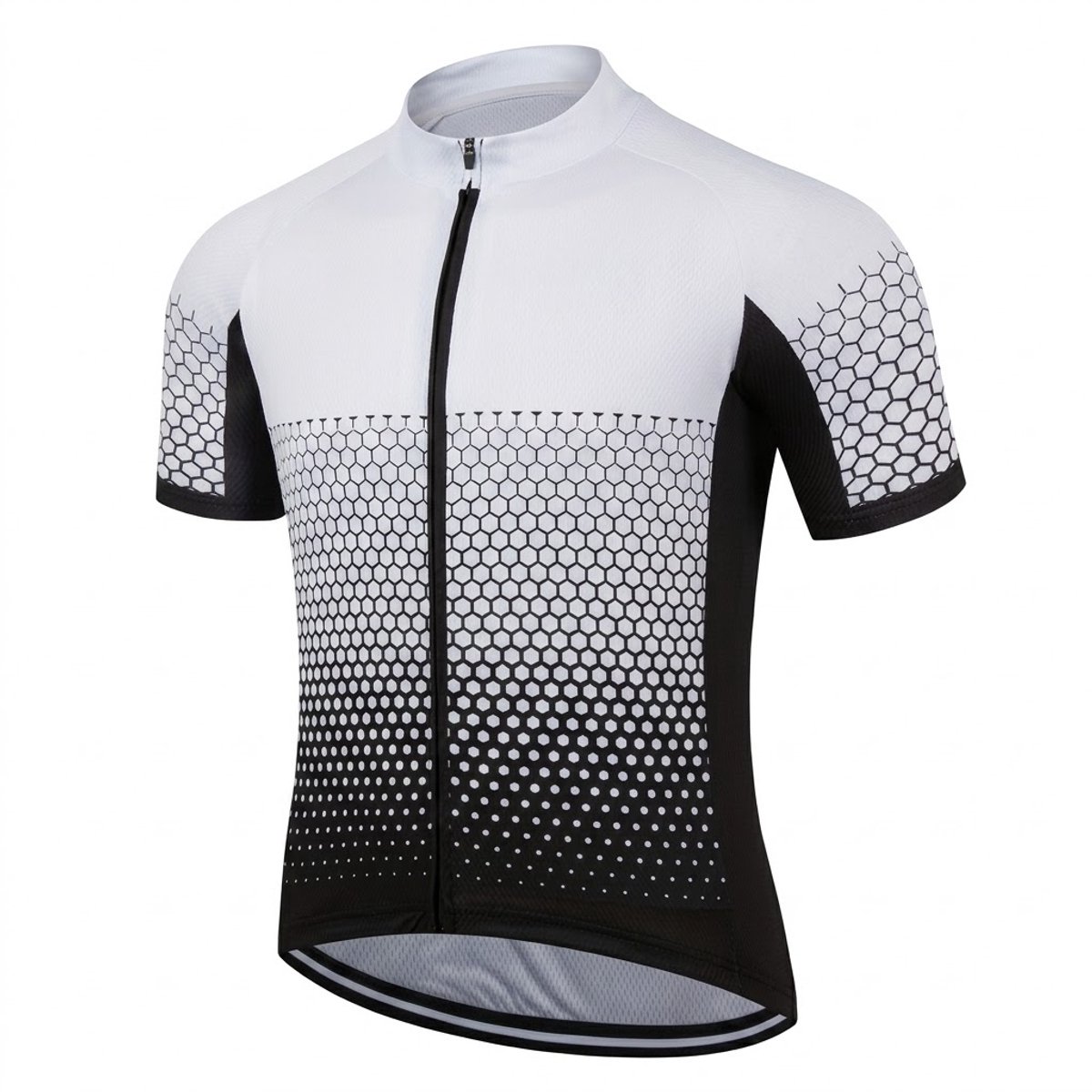 Wit zwart sport wielren shirt heren korte mouw fiets jersey met rits ademend sneldrogend vochtafvoerend stretch MTB fietsshirt wielrennen racefiets maat L