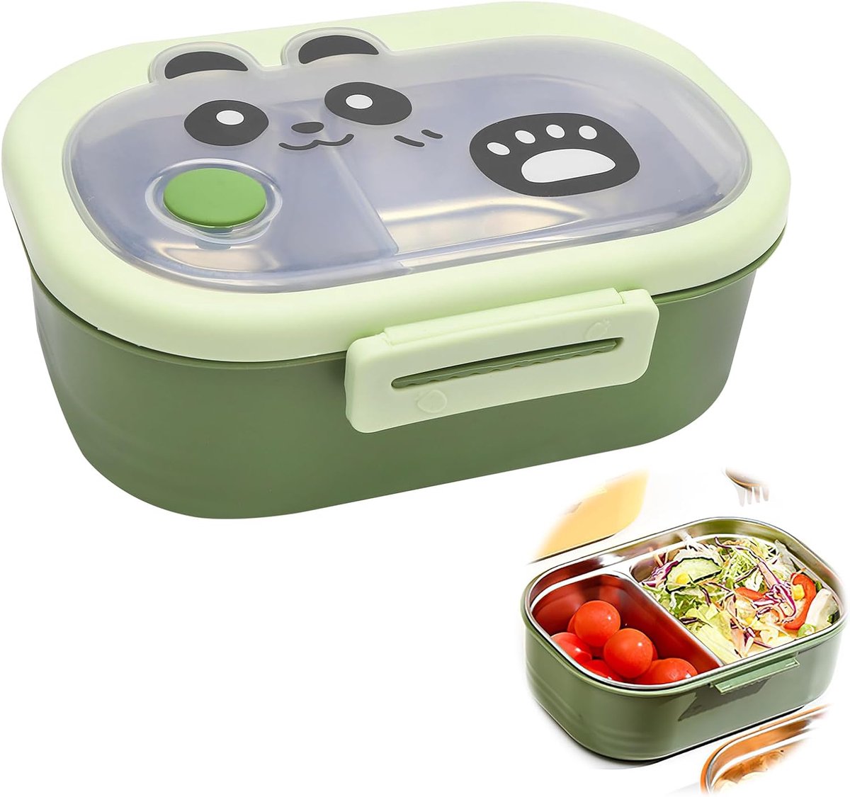 VHV-Bento-box voor kinderen — Roestvrijstalen lunchbox met twee vakken — Ideaal voor school en kinderopvang — Inclusief tussenschot — Groen