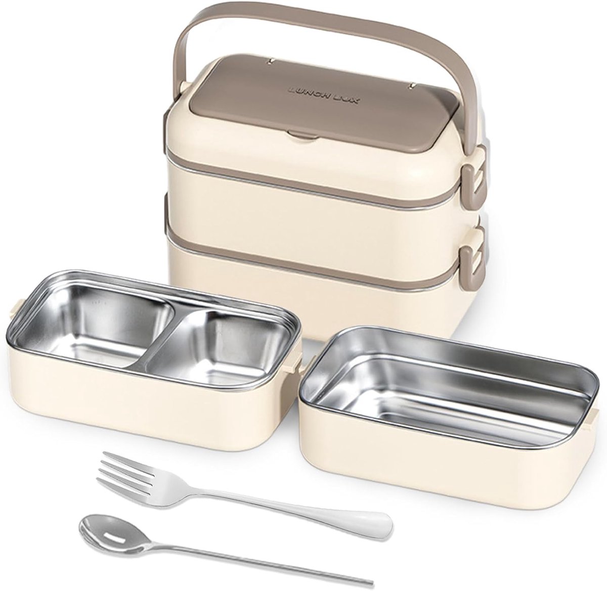 VHV-Premium roestvrijstalen bentobox — Dubbellaagse lunchbox met vakindeling — Lekvrij ontwerp inclusief bestek — Ideaal voor thuis, kantoor, school en picknicks — Khaki