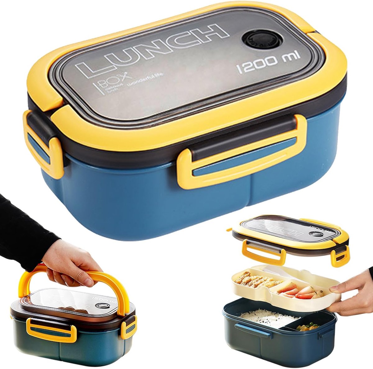 VHV-Bento Box Lunchbox met 5 Vakjes - 1200ml Lekvrije Broodtrommel - Inclusief Bestek - Lunchbox voor Kinderen en Volwassenen - Magnetron- en Vaatwasserbestendig - Ideaal voor School, Werk en Picknick - Blauw