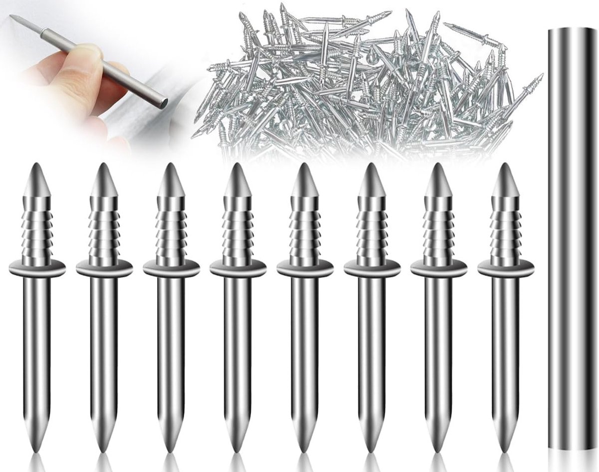 100 Stuks Naalden met Dubbele Kop en Draad voor Naadloze Bevestiging van Plinten en Meubels, Inclusief Sleeve Tools