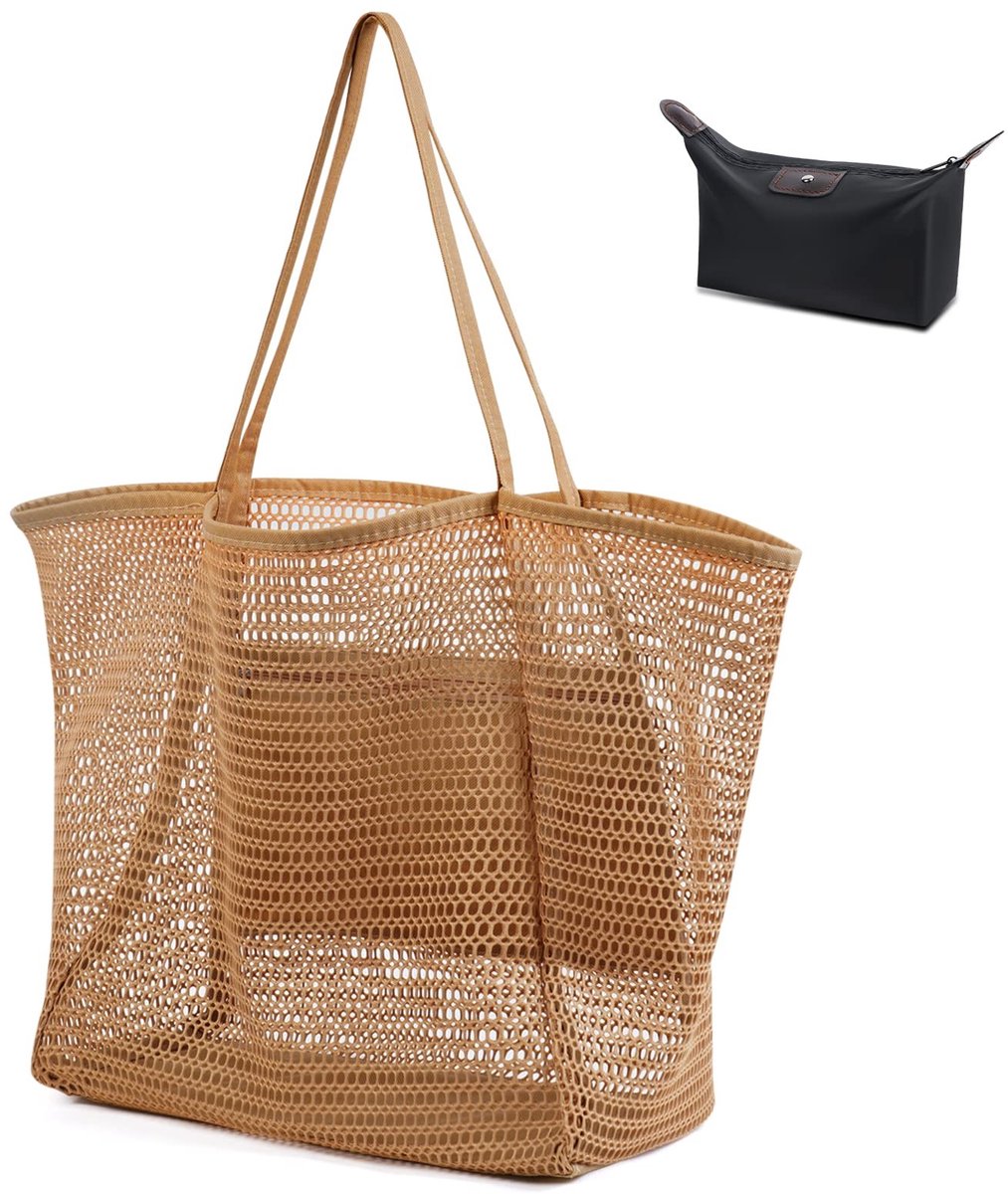 Dailygoody - Mesh Strandtas - Groot - Sterk en duurzaam - Bruin - Opvouwbare handtas - Ideaal voor strand en meer - 45 x 35 x 16 cm
