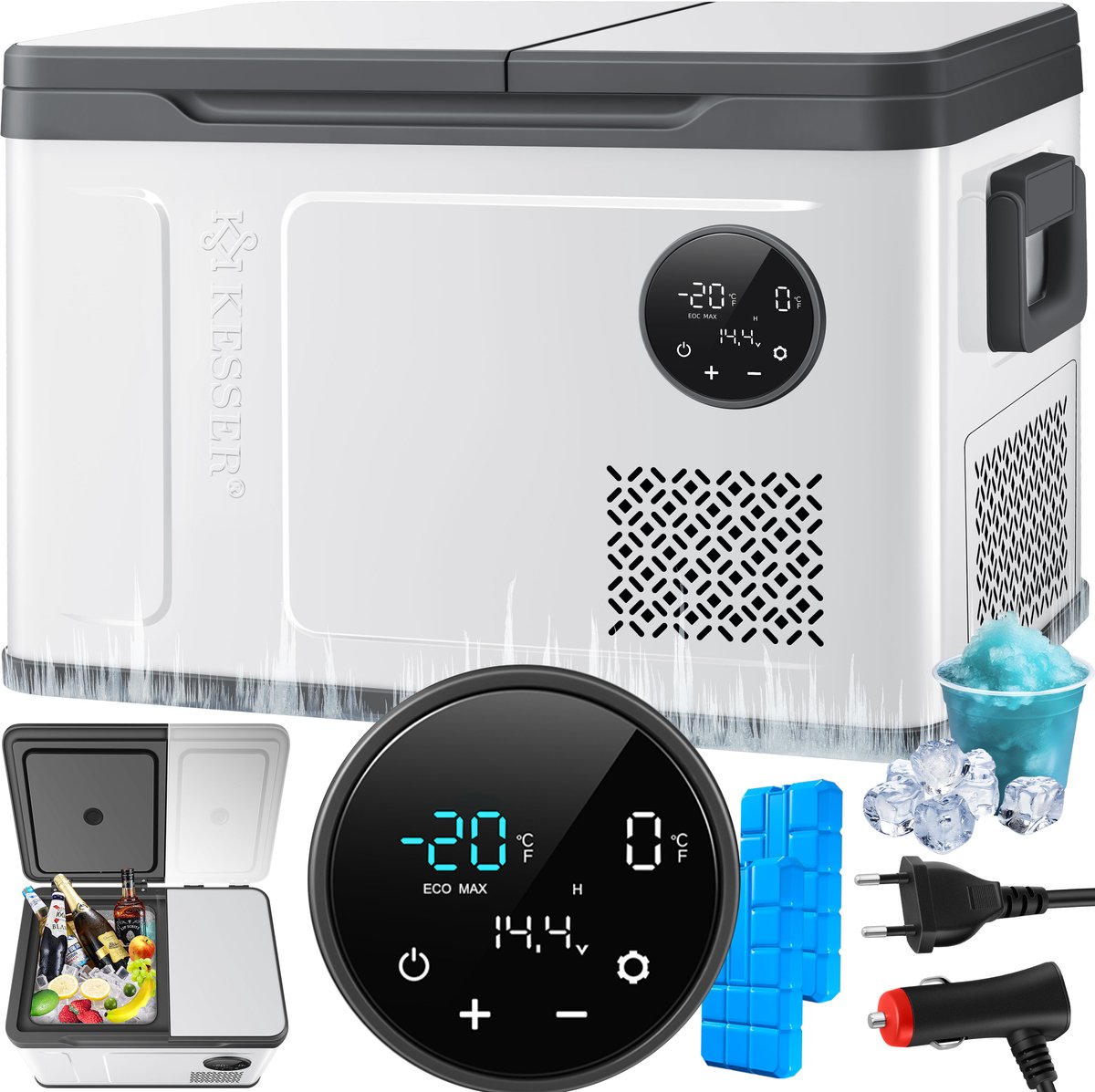 KESSER® Compressor Koelbox 2in1 Dubbele Zone Koeler & Vriezer, Elektrische Vriesbox LED Touch Control 12/24 V 230V, Frigobox Koelen tot -20 °C voor Auto, Vrachtwagen, Kamperen - 31 Liter, Zilver / Antraciet