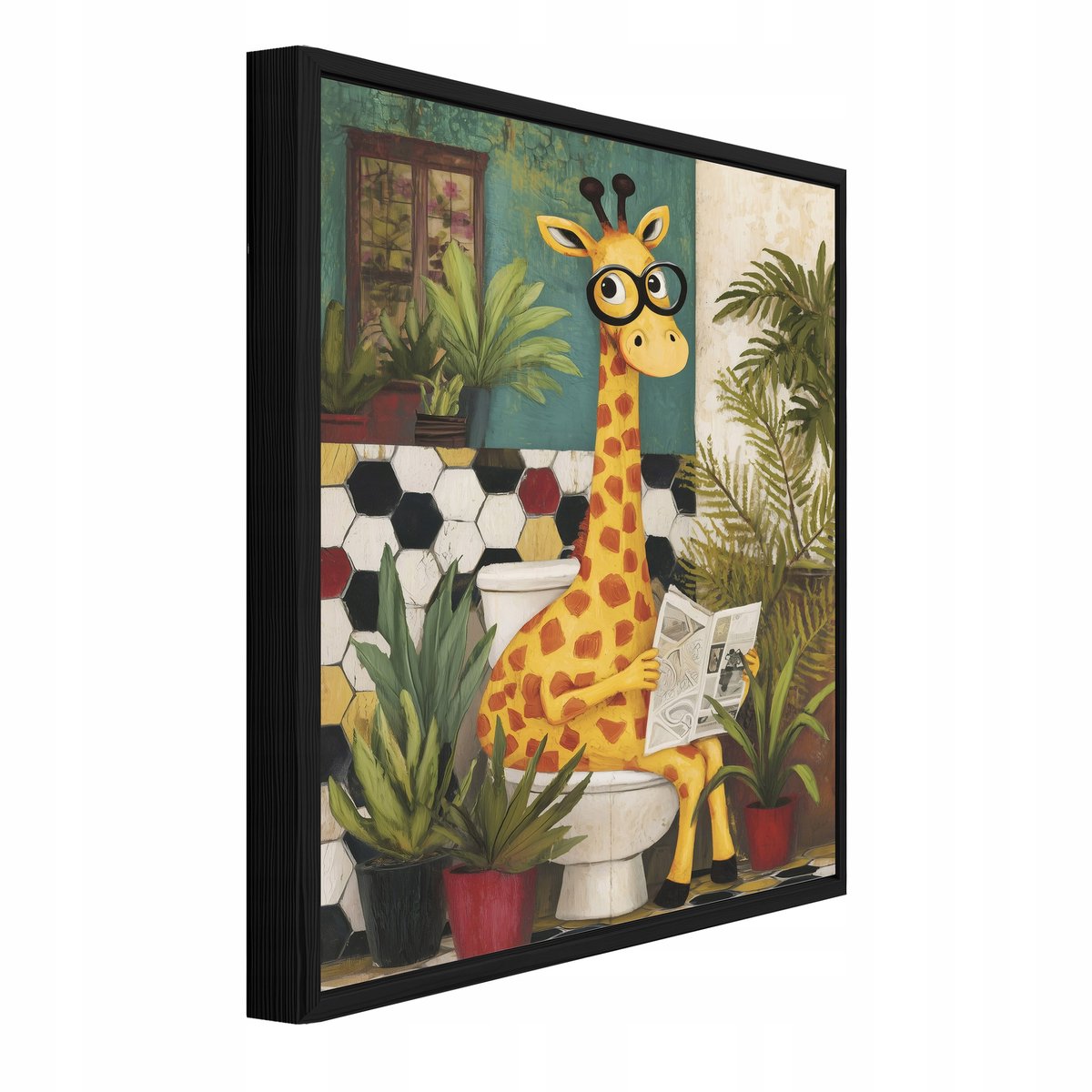 WALLARENA Schilderij op canvas in zwarte lijst - 40x30 cm - grappige giraf op toilet - badkamer wanddecoratie en toilet decoratie Veelkleurig