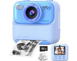 Digitale camera – Digitale camera voor kinderen met directe printfunctie – Dubbele camera (voor- en achterzijde) – Unisex – 1080P HD-selfiecamera met dubbele lens – Inclusief printpapier & 32GB-geheugenkaart – Cadeau voor jongens en meisjes – Blauw