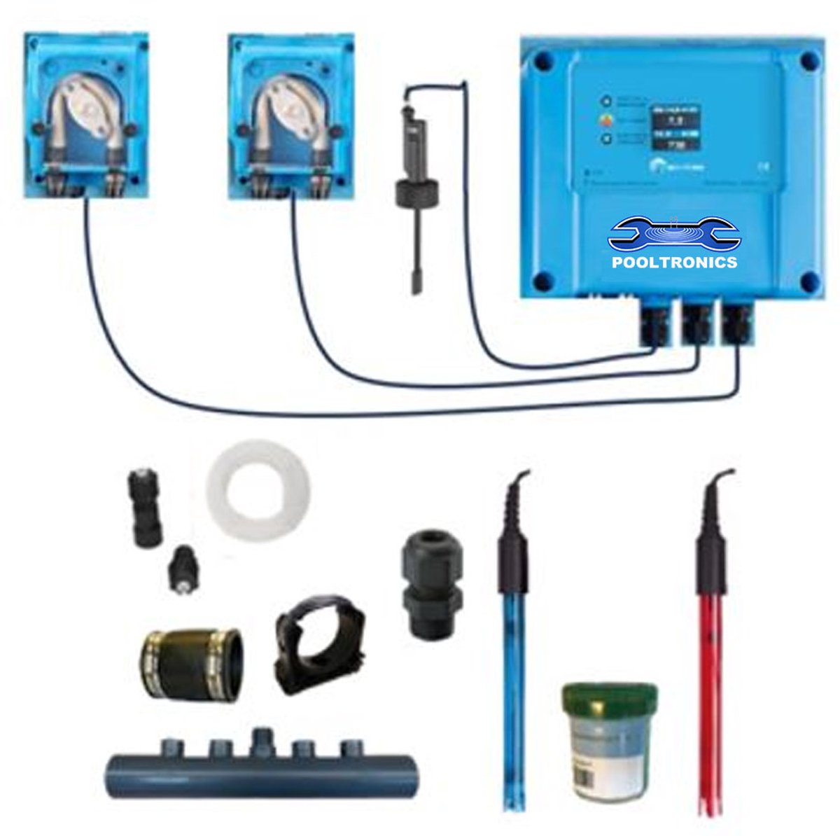 POOLTRONICS Automatisch pH & Chloor Doseersysteem Zwembad DISPLAY – Zwembad Waterbehandeling – pH Redox Controller – Automatische Dosering – Zelfbouwpakket Met Flow Switch