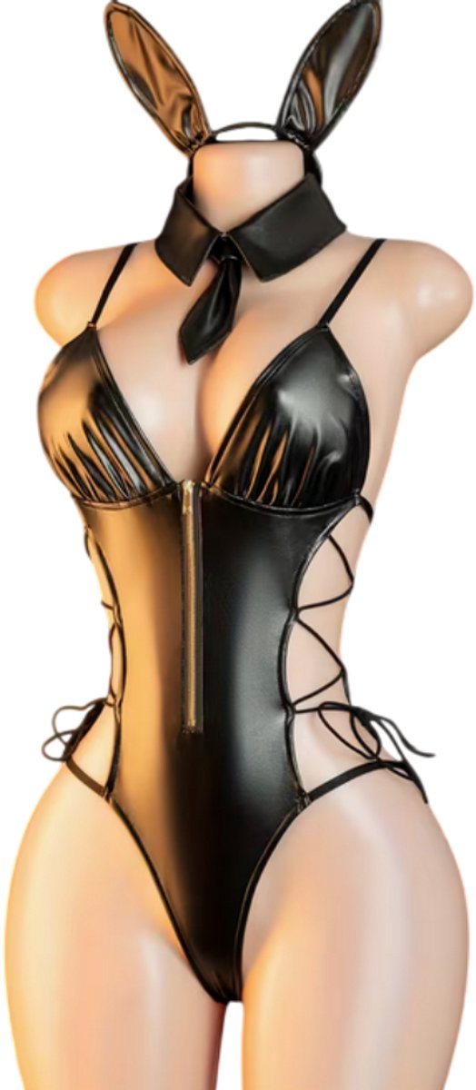 Sexy Bunny Bodysuit Set met Open Achterkant | Bunny Oren, Strik & Kraag | Maat M - Roleplay