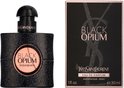 Zwart Yves Saint Laurent Black Opium Eau de Parfum fles met glitter en roze label, naast de bijpassende verpakking.
