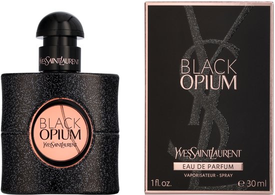 Zwart Yves Saint Laurent Black Opium Eau de Parfum fles met glitter en roze label, naast de bijpassende verpakking.