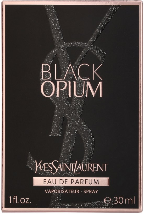 Zwarte Yves Saint Laurent 'Black Opium' verpakking met glitterende YSL logo's en tekst.