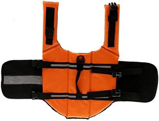 Oranje reddingsvest voor honden, met zwarte banden, gespen en reflecterende details. Zicht van voren.