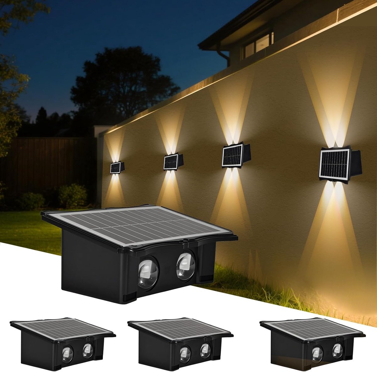 LED-zonneschermen met hoge helderheid (4 stuks), bidirectionele verlichting omhoog en omlaag, automatische schakelaar, waterdicht, warm wit zonnelicht, geschikt voor binnenplaatsen en tuinen.