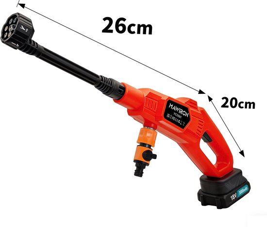 Draadloze autoreiniger op 18V-accu, draagbare handreiniger met een druk van 1000 PSI, inclusief 6-in-1 mondstuk en 5 meter afvoerslang voor terras, autovloer, schutting, veranda en binnengebruik. — afbeelding 2