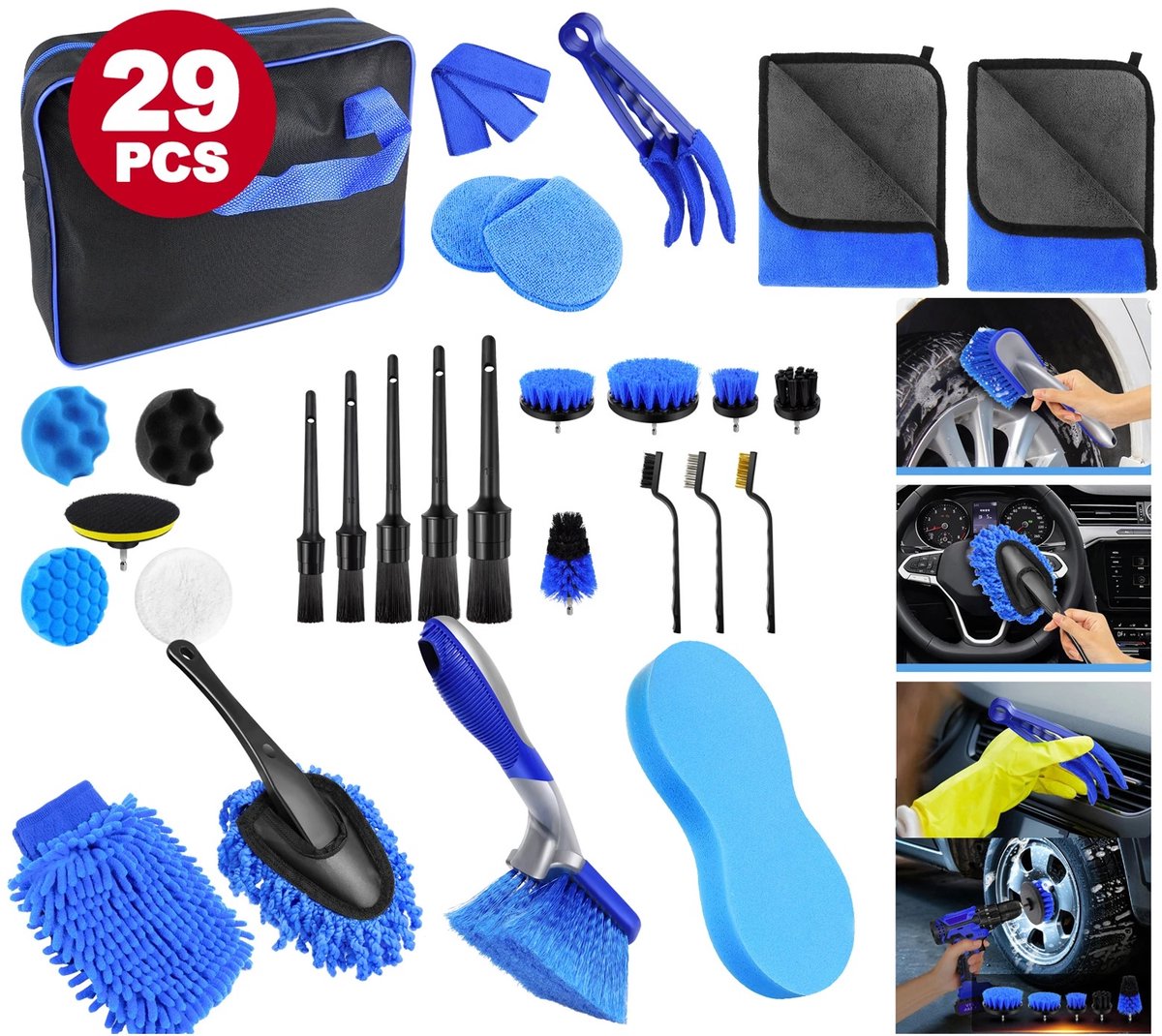 Hutjemutje - 29 delige auto reinigingsset - auto detailleringsborstelset - auto wasborstel - auto was set - blauw - zwart