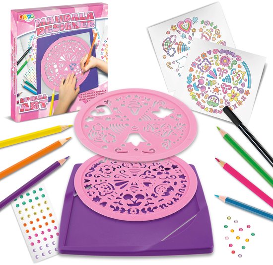 Mandala Designer 2in1 Tekenpakket - Tekenstation met twee Mandala Sjablonen - 12 Kleurpotloden - 2 Zwarte Fineliners - Mandala formaat 21x21 CM - 50 Gemstones - Creatief Montessori Speelgoed 6+ - Joya Creative