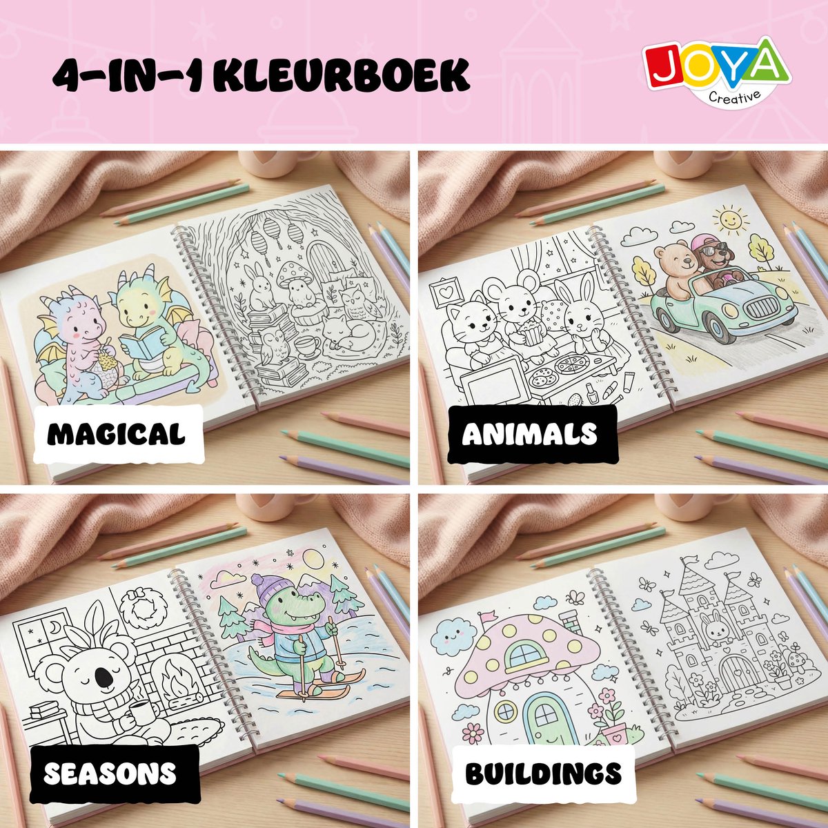 Cozy Cuties Kleurboek voor Volwassenen en Kinderen - Cozy Coloring Book 164 Pagina's - 4 Thema's - Ringband - 20x20 cm - Joya Creative — afbeelding 7