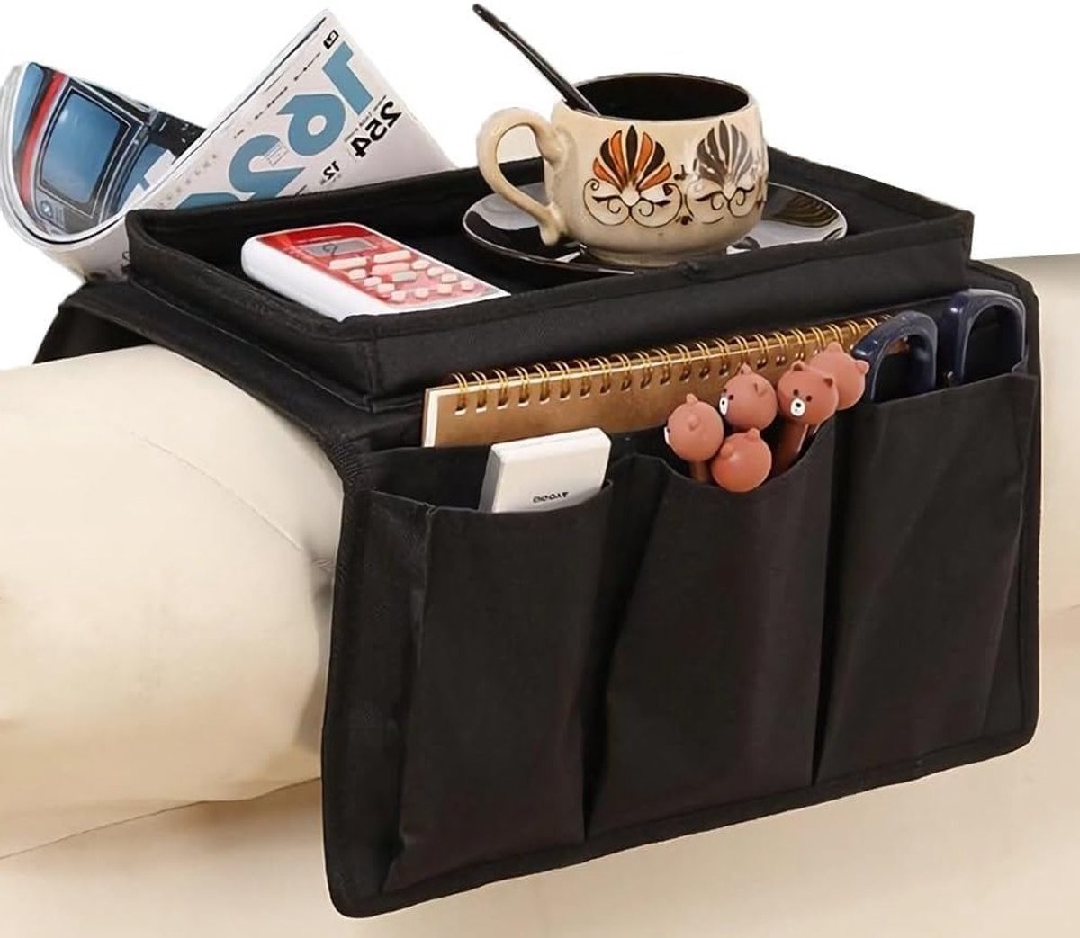 Organisator voor Sofa Armleuningen met Vouwbare Tray, Niet-Slip Caddy Bag voor TV-Remote, Snacks en Dranken, Ideaal voor Stoelen en Banken