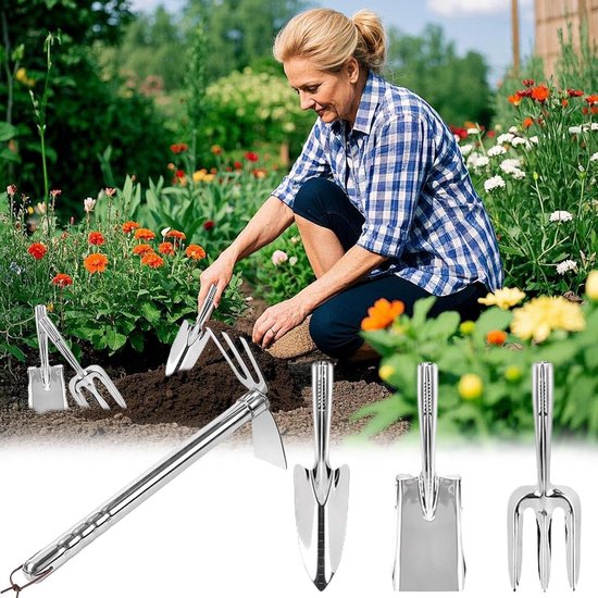 Tuin Gereedschapset - Grondbewerkingsgereedschap Handschoffel en Schep - Bodem bewerken - Roestvrijstalen constructie - 40 cm - Zilver — afbeelding 4