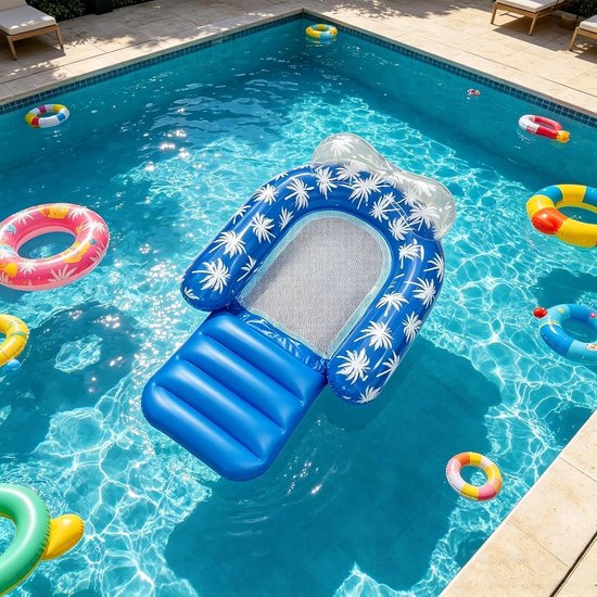 Opblaasbaar Zwembad Vlot - Water Ligbed - Ontspannen Drijven - Verstelbare Beensteun - 130x85cm - Blauw — afbeelding 2