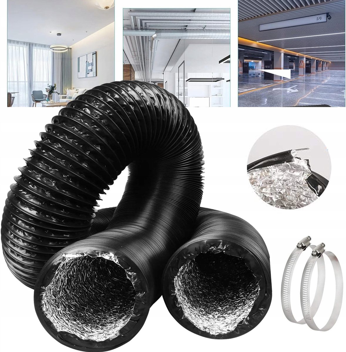 4 Inch (10cm) 16 Voet (4,9 Meter) Afvoerslang Voor Wasdroger - Flexibele Aluminium Luchtslang Voor Hvac-Ventilatie - Ventilatorfilter En Kweektent - Inclusief 2 Klemmen