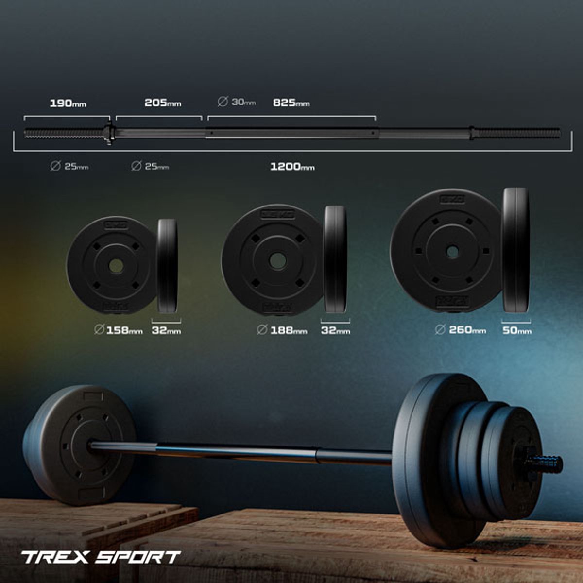 Trex Sport TX-022SE – Halterset – Rechte Halterstang 120 cm – Bitumen Schijven – Ø 25 mm – Fitness Halterset – 22 kg Totaal thumbnail 4