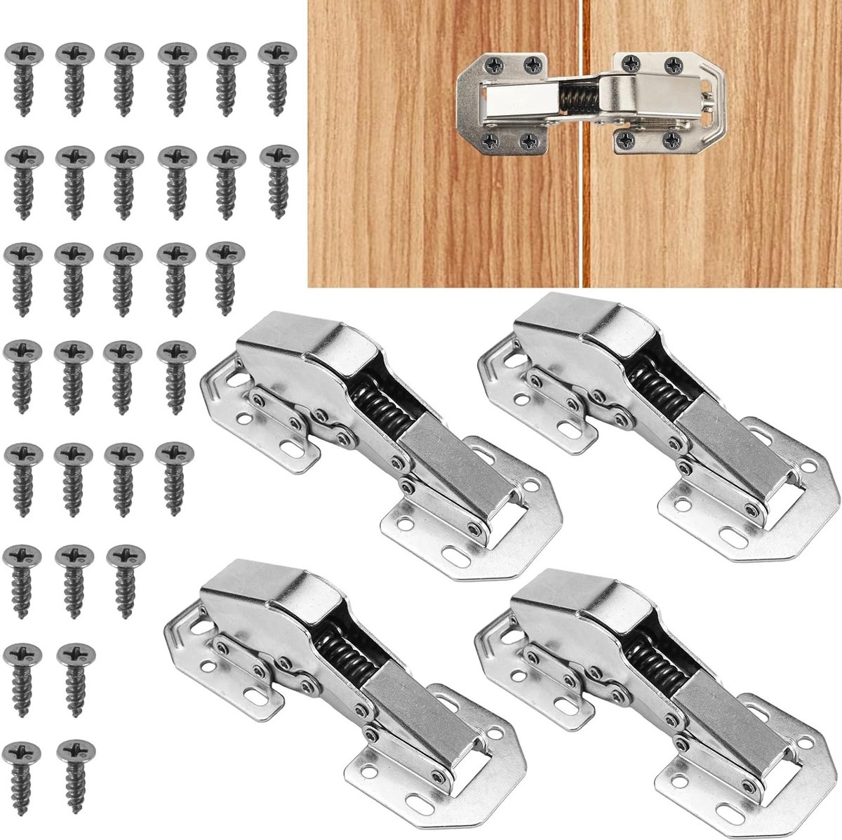 Set van 4 Deurophangscharnieren zonder Flush Gat, 90° Scharnier voor Keukenkasten, Inclusief 32 Schroeven voor Meubeldeuren en Keukenaccessoires (113 × 43 mm)