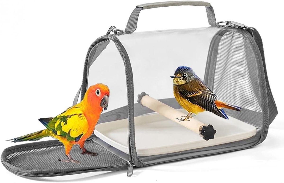 Vogelkooi - Vogelreismand - Draagtas voor vogels - Vogeltransporttas - Draagbare Schoudertas voor Huisdieren - Met Uitneembare Lade - Ademend Gaas - Draagbare Reistas voor Kleine Huisdieren & Vogels - 33*23*21 cm - Grijs - M