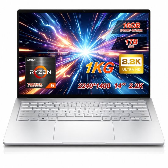 Ninkear S14 Laptop 14 inch – AMD Ryzen 5 7535HS – 16GB LPDDR5 – 1TB NVMe SSD – 60Wh accu – WiFi 6 – Fingerprint – Windows 11 – 2.2K 16:10-Zilver - Ninkear - Hoofdafbeelding