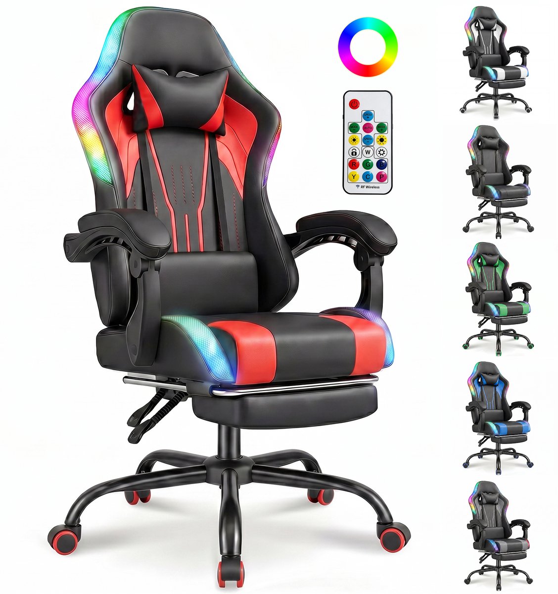 Devoko Game Stoel met ledverlichting-Ergonomische Gamestoel-Gaming chair met voetensteun-Bureaustoel met hoofdsteun en lendensteun-Zwart Rood