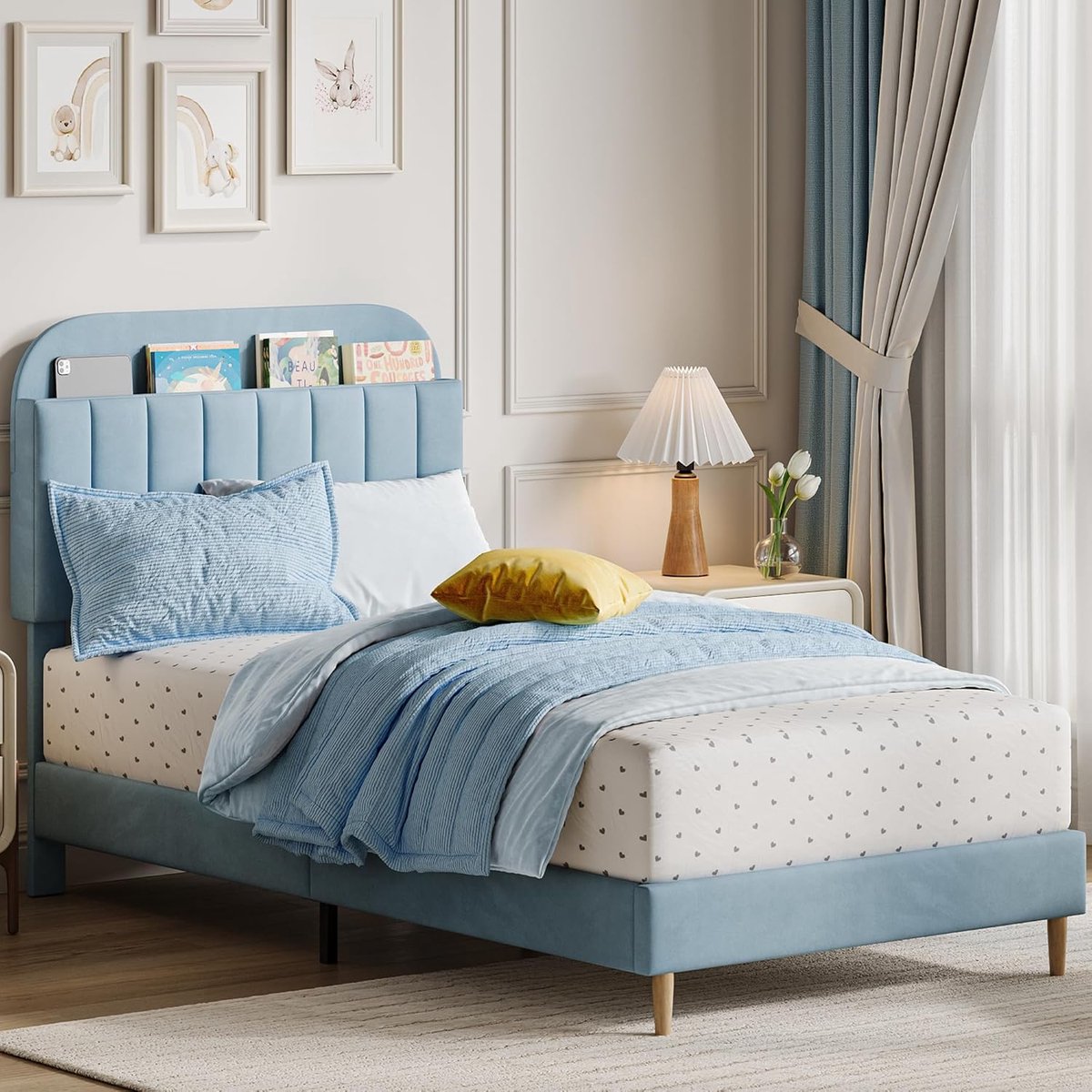 HOERFURIY Eenpersoonsbed met Hoofdbord en Opbergruimte - 100x190CM - Gestoffeerd Kinderbed - Fluweel - Inclusief Lattenbodem - Blauw