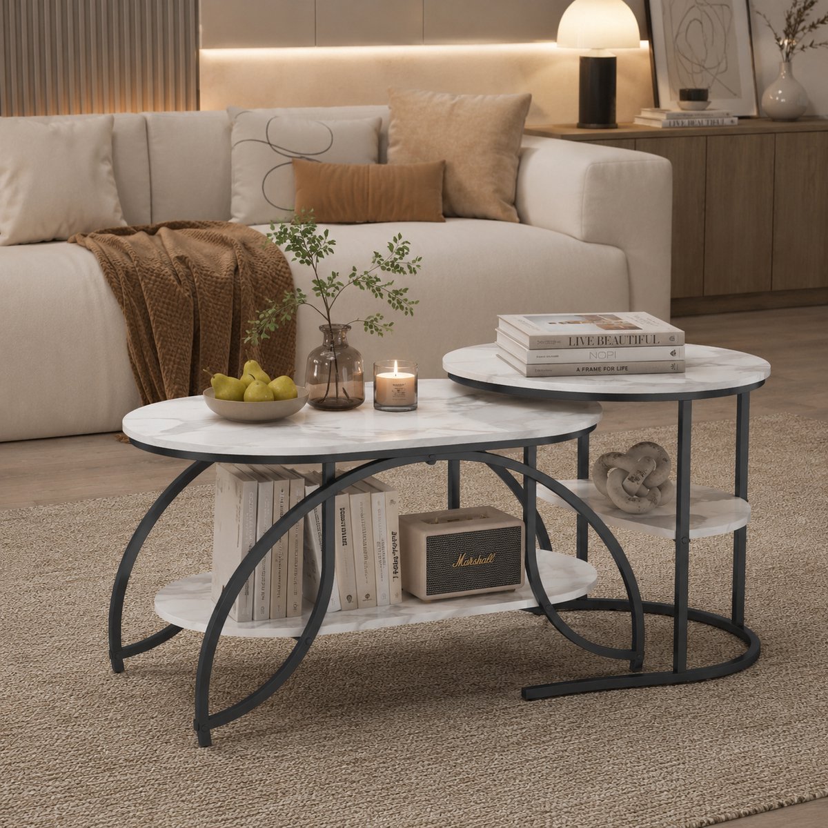 Salontafel set van 2 - en Metaal - Bijzettafel met 4 Niveaus - Voor Woonkamer, Slaapkamer - 80/52cm - Zwart Metalen Frame - Wit Marmer - Industrieel Design