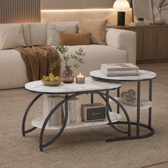 Ensemble de 2 tables basses - et Métal - Table d'appoint à 4 niveaux - Pour Salon, Chambre - 80/52cm - Cadre en métal noir - Marbre blanc - Design industriel