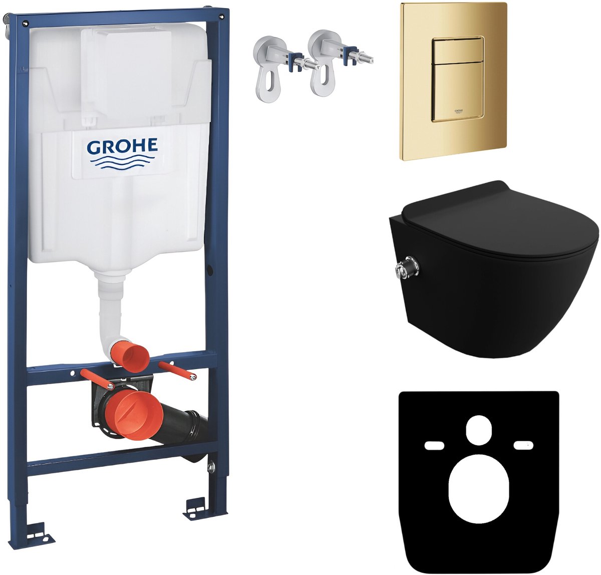 Inbouwreservoir Complete Toiletset Grohe Solido 39069000 - Inbouw WC Hangtoilet Wandcloset Salto Black Zwart Mat - Bedieningsplaat Skate Cosmopolitan 38732GL0 Gouden - Voorwandelement