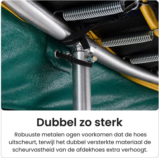 Robuuste metalen onderdelen van een trampolinehoes, met dubbel versterkt, scheurvast materiaal.