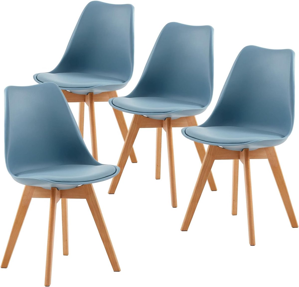 J.T.R Eetkamerstoelen-Eetkamerstoelen set van 4-gevoerde zitting van PU-leer-vintage stijl- met massief beukenhouten poten-Lichtblauw.