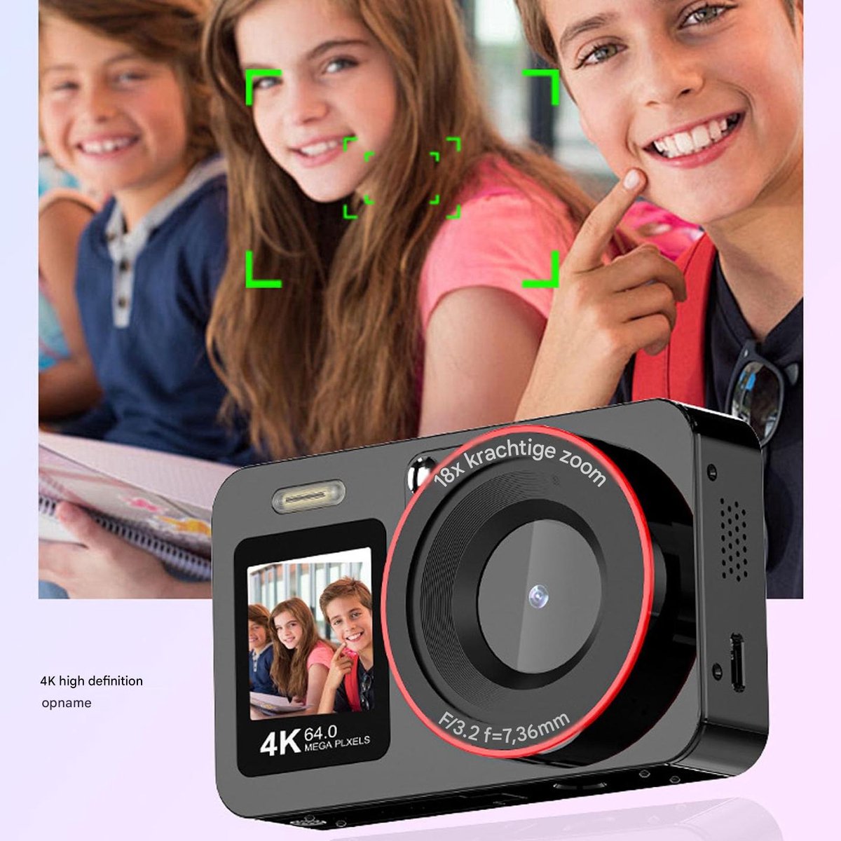 carmdering - Digitale Camera - 4K Camera - Vlogging Camera - 64MP foto's, 2,8 inch dubbel scherm, 18x zoom - AF autofocus, ingebouwde flitser - USB-C, 1200 mAh - Kan als webcam - Zwart - Perfect voor beginners en tieners thumbnail 4
