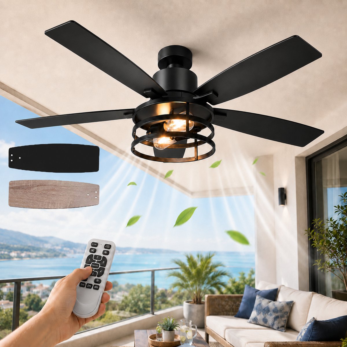 MUPOO Zwart Industrieel Plafondventilator met Verlichting 112 cm -DC Motor <30dB -Zomer- en winterstand&Afstandsbediening- 6 Snelheden & Timer -voor Binnen,Slaapkamer & Terras-Walnoot houten ventilatorbla