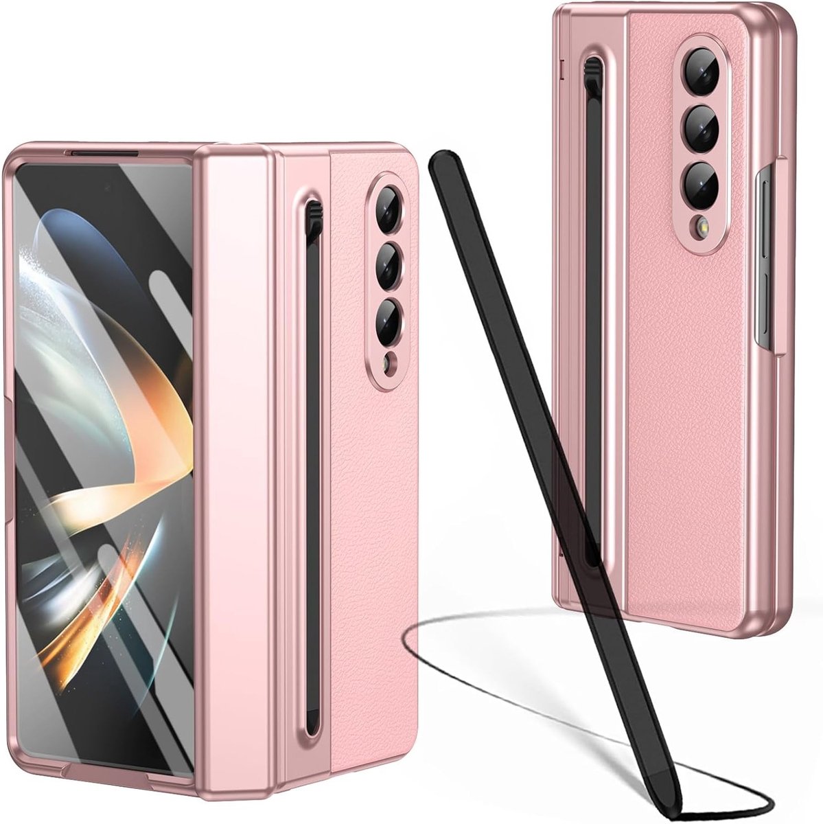 Dunne en slanke anti-val beschermhoes voor Galaxy Z Fold3 met ingebouwde schermbeschermer en S Pen stylus vervanging - Roze, optimale bescherming en functionaliteit