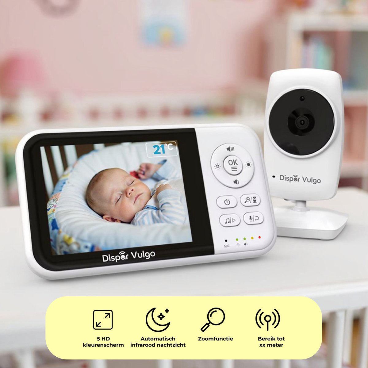Dispar Vulgo Babyfoon met Camera 3.2 Inch – Video Baby Monitor – Nachtzicht – VOX Modus – Temperatuurweergave – Terugspreekfunctie - thumbnail 2