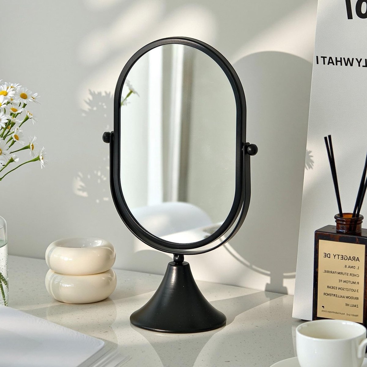 Elegante Ovale Taf spiegel met Standaard, Metaal Frame voor Badkamer of Slaapkamer Decoratie