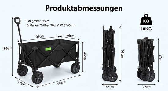 Opvouwbare strandkar met grote all-terrain wielen - inklapbare handkar campingkar tuinkar picknick - 600D Oxford versterkt stalen frame - voor strand tuin festival - verstelbaar handvat - draagbaar compact opvouwbaar - zwart — afbeelding 5