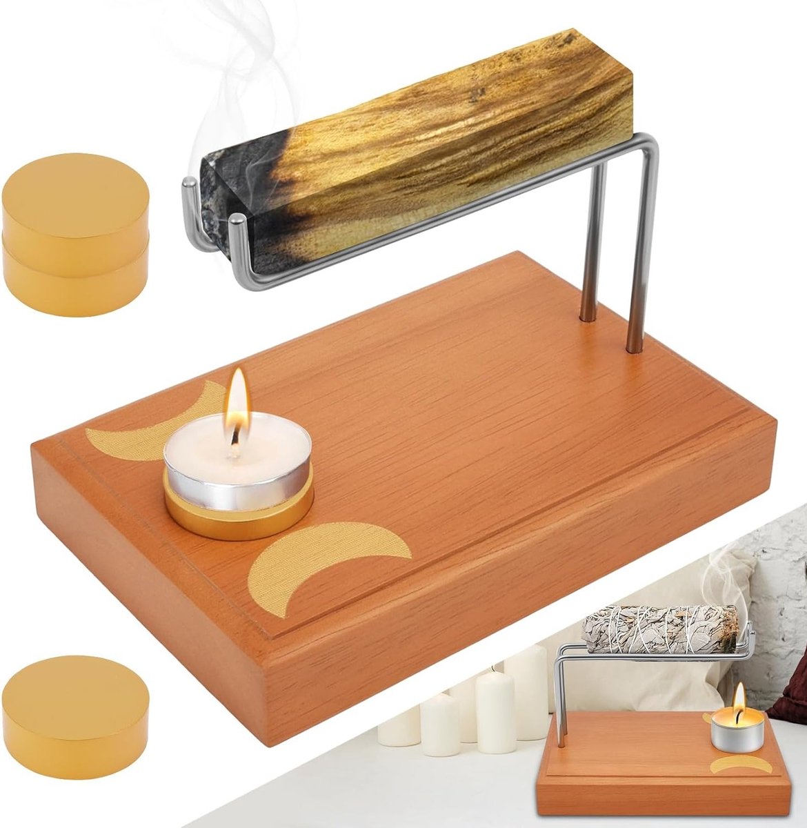 Palo Santo Incense Bowl met Grote Asvangers en 4 Houten Kaarsen voor Thuisdecoratie, Meditatie en Yoga, Ideaal voor Zen en Spa Sfeer