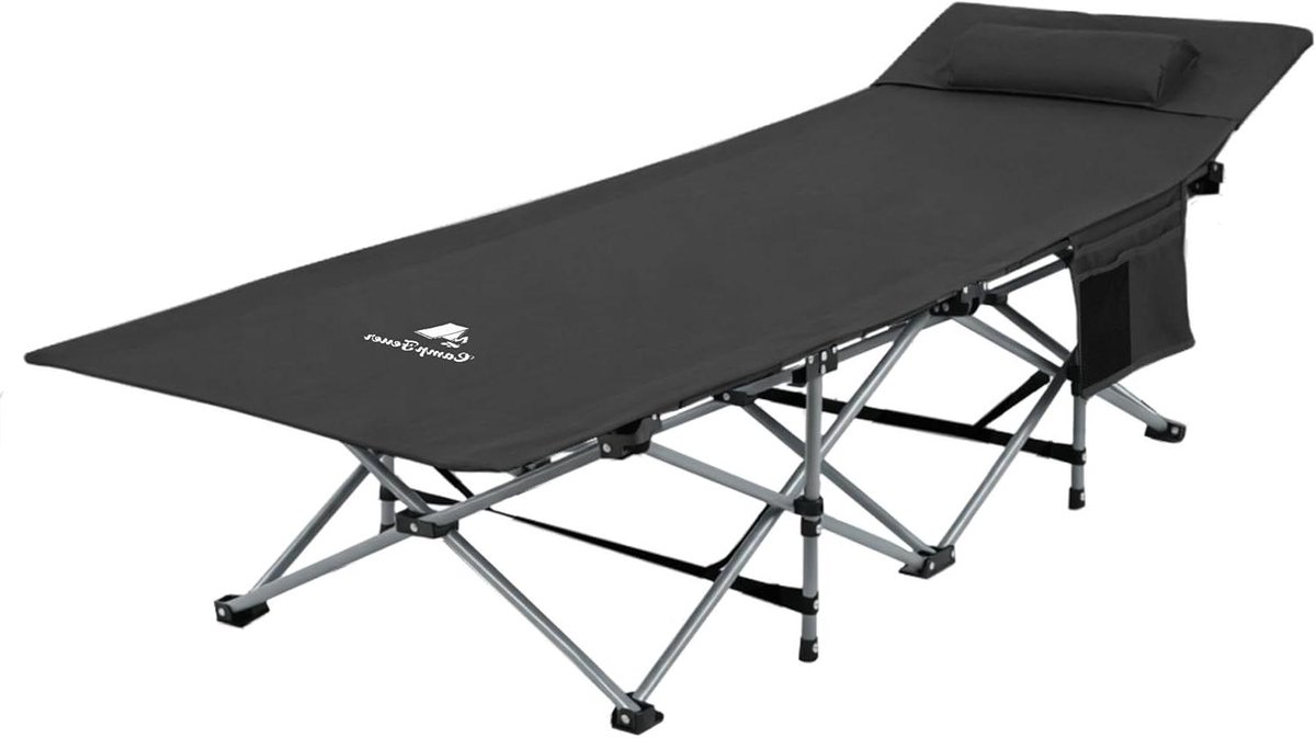 Campingbed - Veldbed Ligstoel - Kamperen Ontspannen - Inklapbaar Hoofdkussen - 187x67x48 cm - Zwart