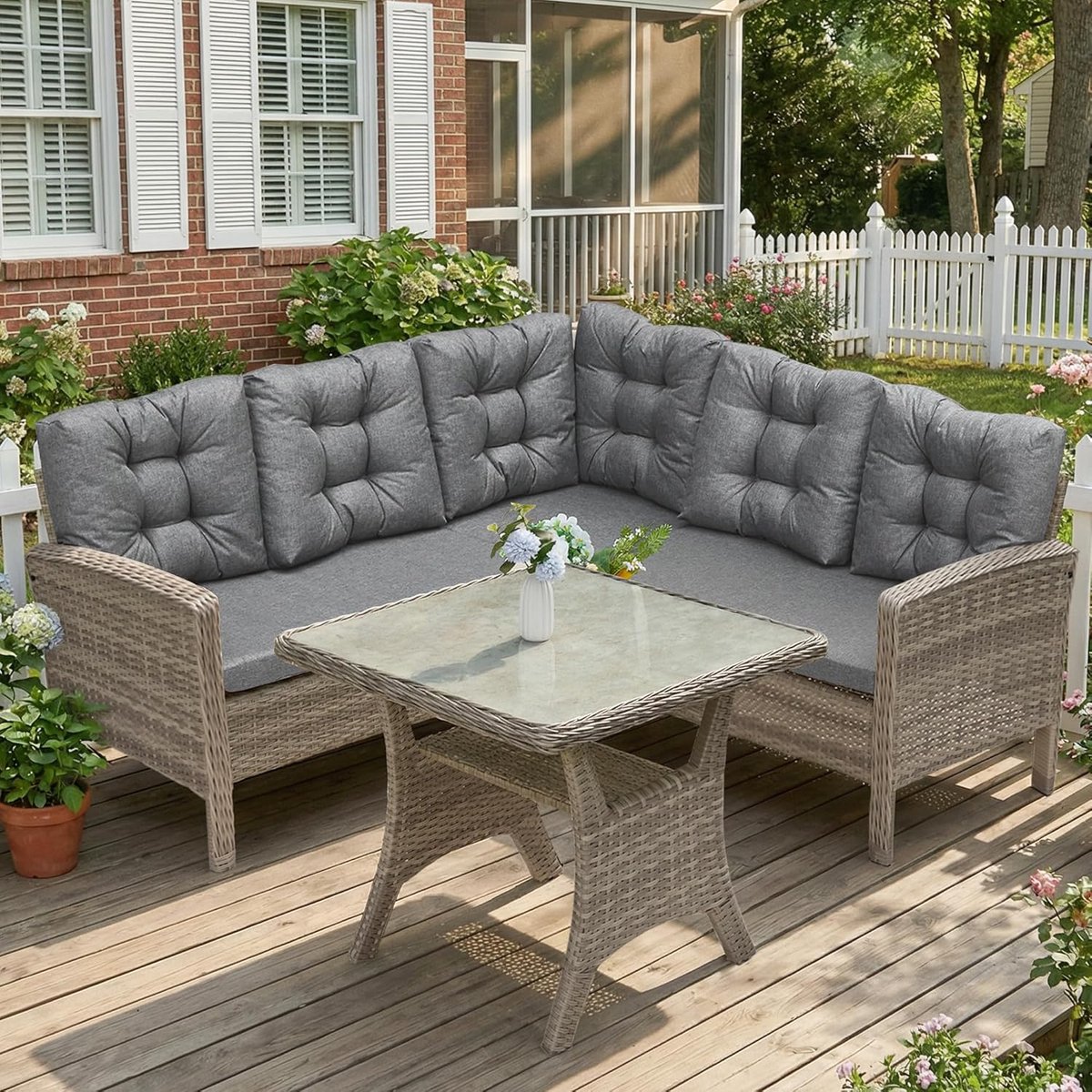 Tuinmeubelset 5 Personen Rotan Lounge Dining Set met Eettafel & Kussens Weerbestendig Grijs voor Tuin Balkon Terras – Mobili Bella