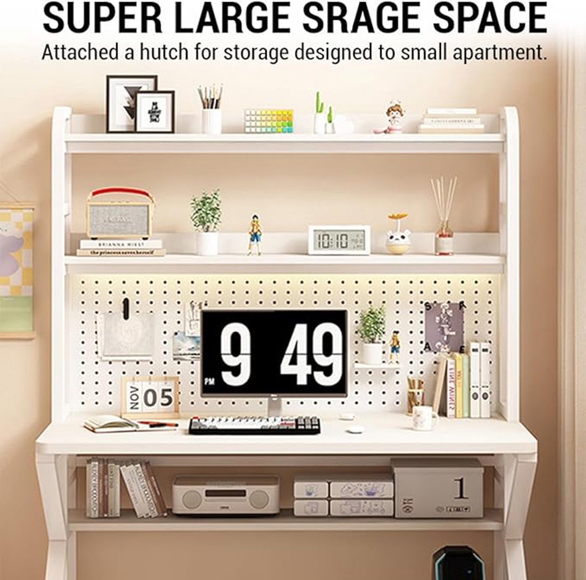 Gaming Bureau met Pegboard & 3-Laags Opbergrekken – Industrieel Computer Bureau / Gaming Desk / Home Office Werktafel 100x60x171 cm – Wit