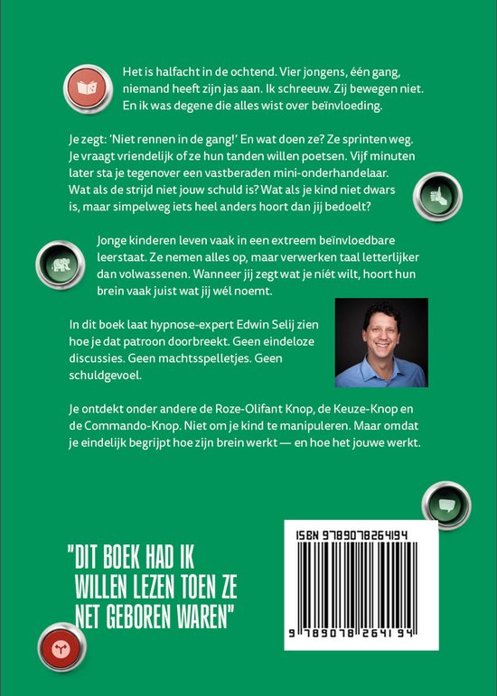 Achterkant van een boek met tekst en een foto van Edwin Selij. Ernaast zeven gekleurde knoppen.