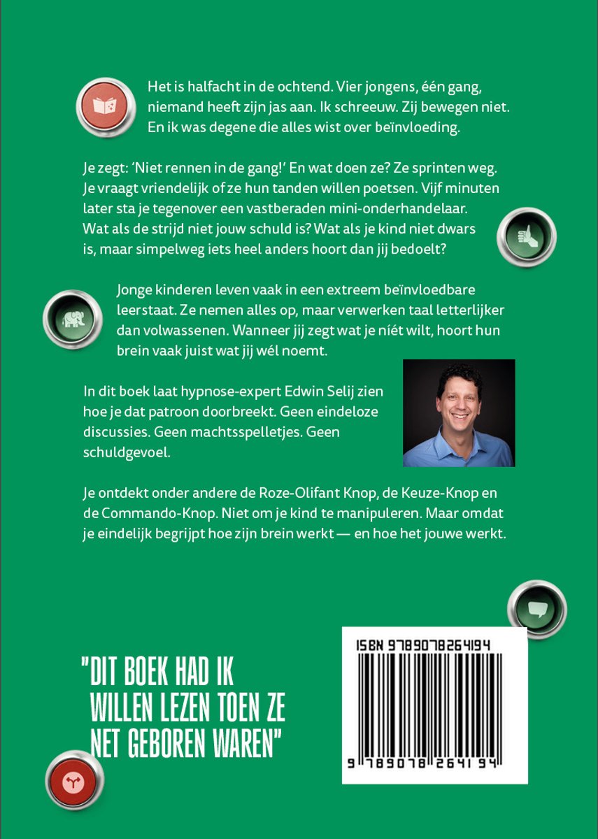 Achterkant van een boek met tekst en een foto van Edwin Selij. Ernaast zeven gekleurde knoppen.