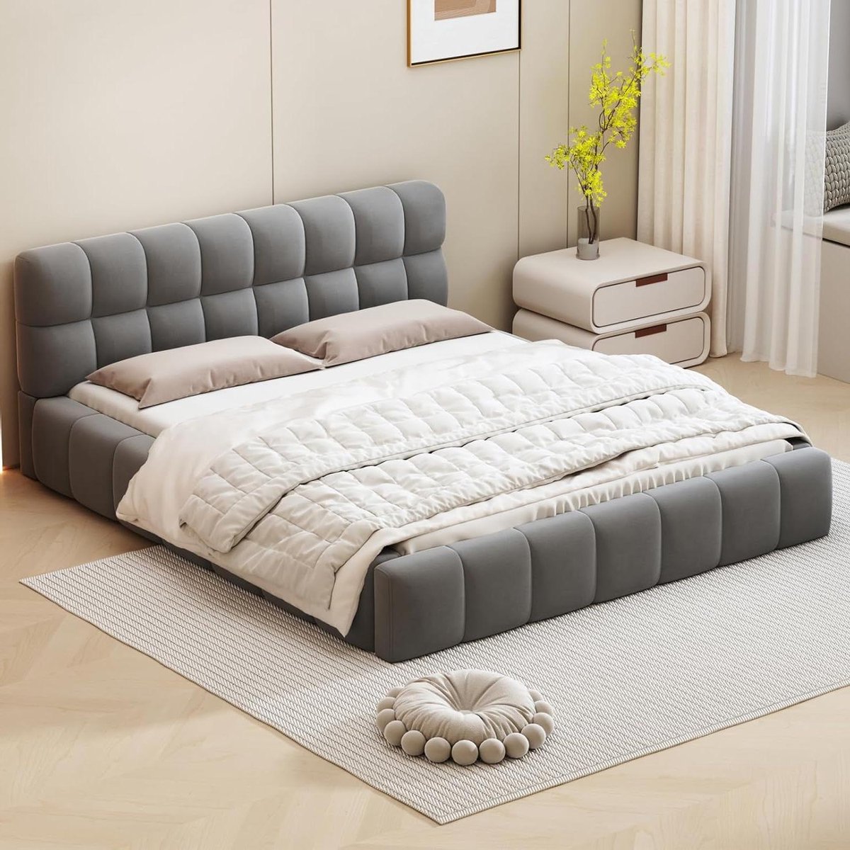 Gestoffeerd Bed - Linnen Bed Tweepersoons - Comfortabel Slapen - Ingebouwde Matras Fixatie - 140 x 200 cm - Grijs