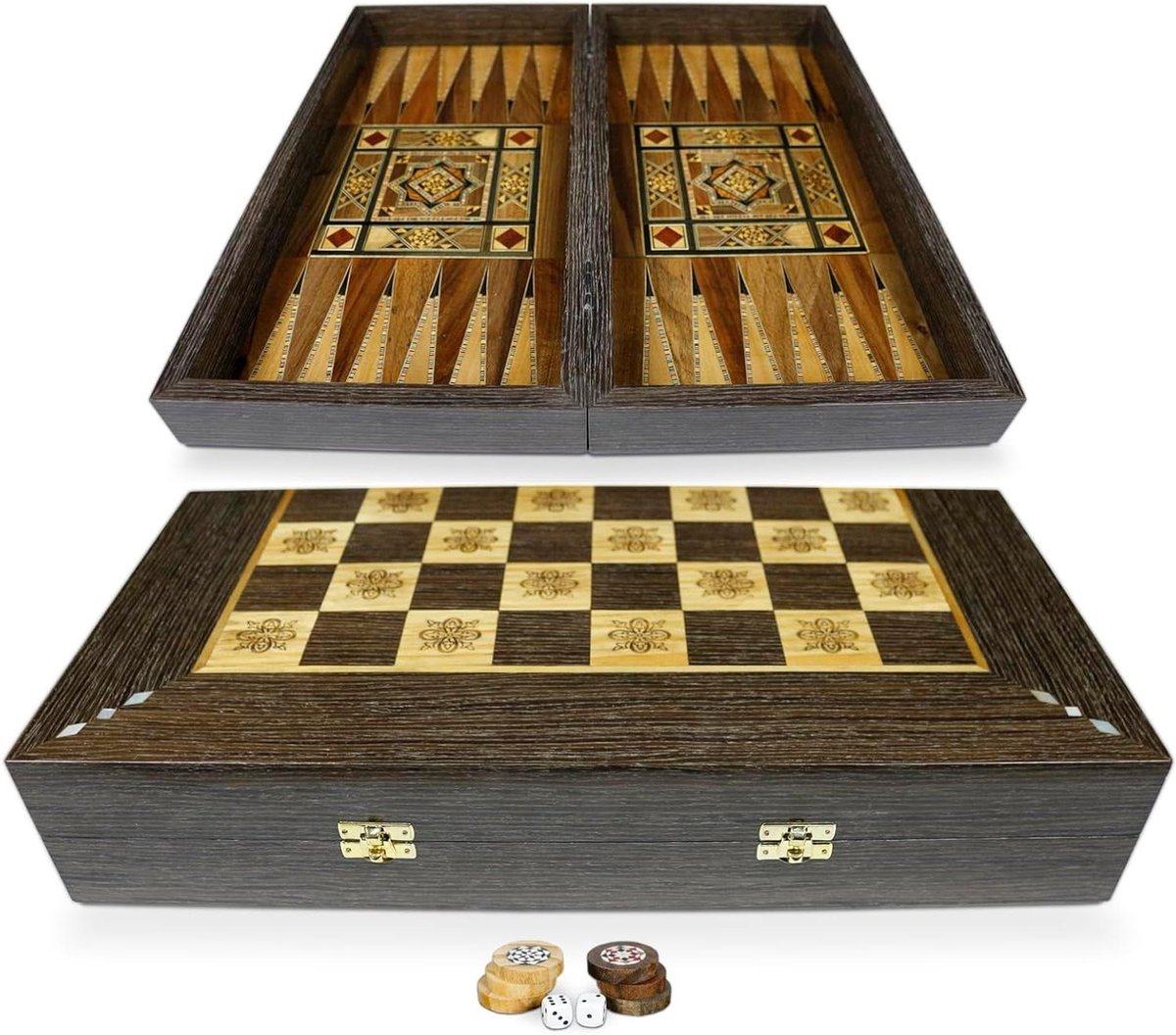 Houten Backgammon Schaakspel - Tafelspel Dames - Familie Spelletjes - Handgemaakt Mozaïek Inleg - 50 x 50 cm - Houtkleur